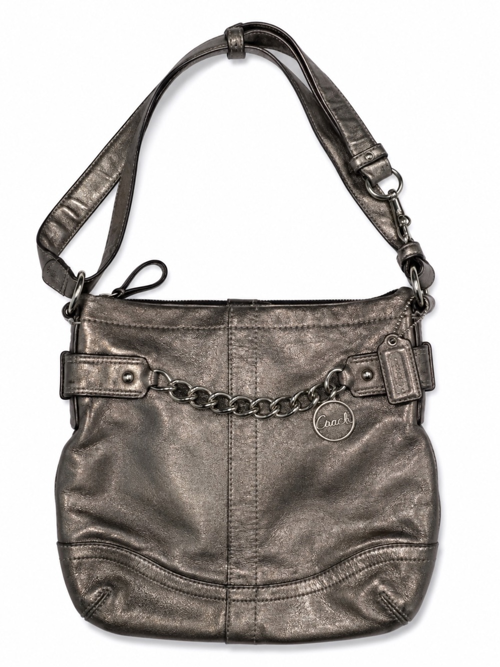 Coach Metallic Pewter Leather Shoulder Bag Chain Charm Hangtag Purse Handbag
